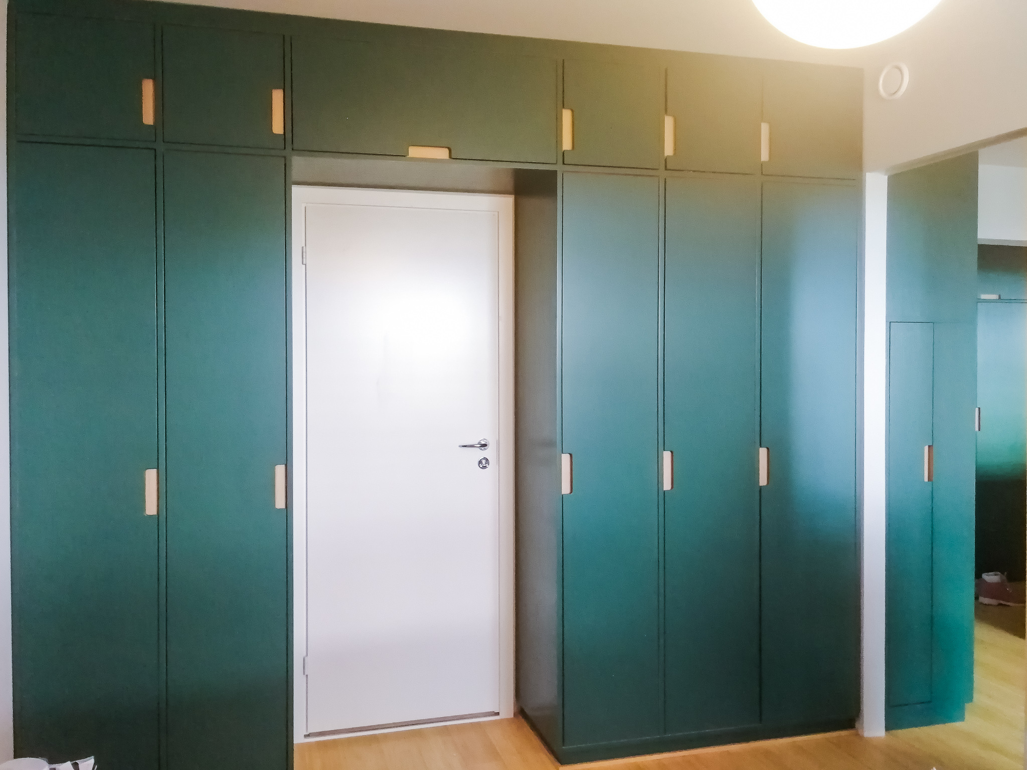 Kirjahylly koivusta maalattuna. Alhaalla kehysovelliset kaapit, yläpuolella tila tv:lle ja korkeussäädettävät hyllylevyt.